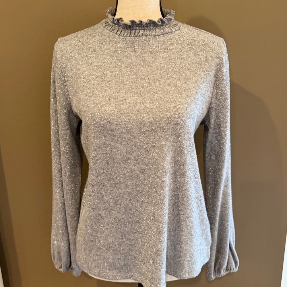 Talbots Ruffle neck Women's metallic Silver/gray puff sleeve, Size Medium